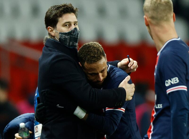Paris Saint Germain's head coach Mauricio Pochettino embraces Neymar. EPA