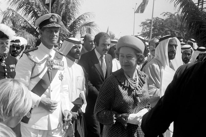 The Queen and her husband enjoy a tour of Abu Dhabi in February 1979. Getty