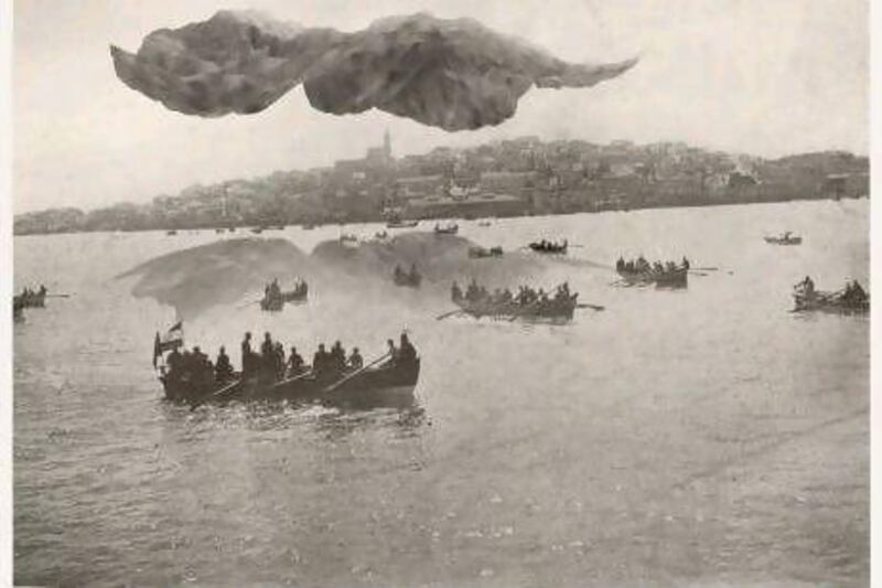 Mehreen Murtaza's artwork of rowboats with passengers heading to Jaffa. Courtesy Mehreen Murtaza / Grey Noise