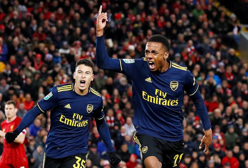Arsenal's Joe Willock celebrates scoring their fifth goal. Reuters