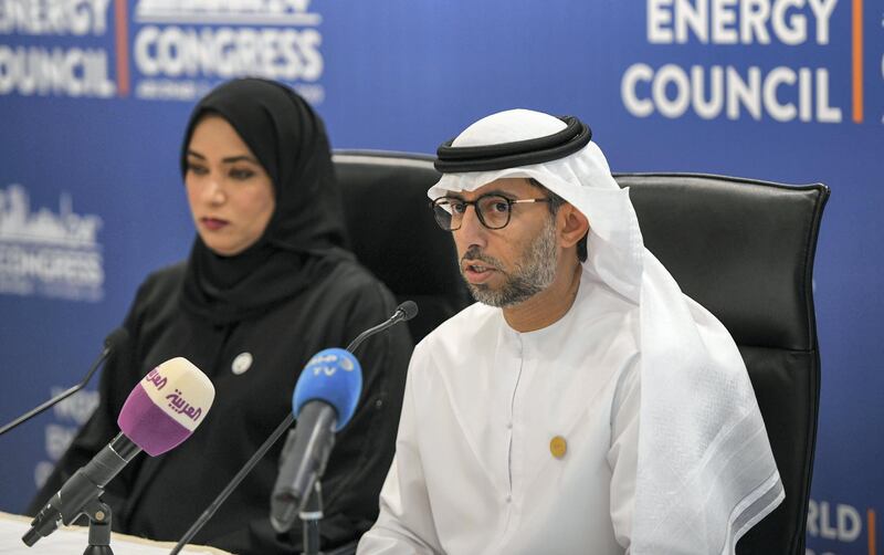 Abu Dhabi, United Arab Emirates - H.E. Suhail Al Mazrouei, UAE Minister of Energy and Industry highlights the 24th World Energy Congress at Ministry of Energy and Industry. Khushnum Bhandari for The National
