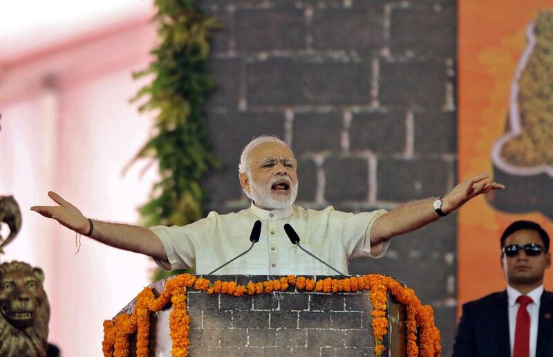 Prime minister Narendra Modi speaks after laying the foundation for the memorial of Chhatrapati Shivaji Maharaj, in Mumbai last month. Shailesh Andrade / Reuters