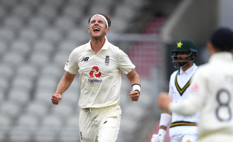 England bowler Stuart Broad celebrates after taking the wicket of Pakistan's Asad Shafiq. Getty