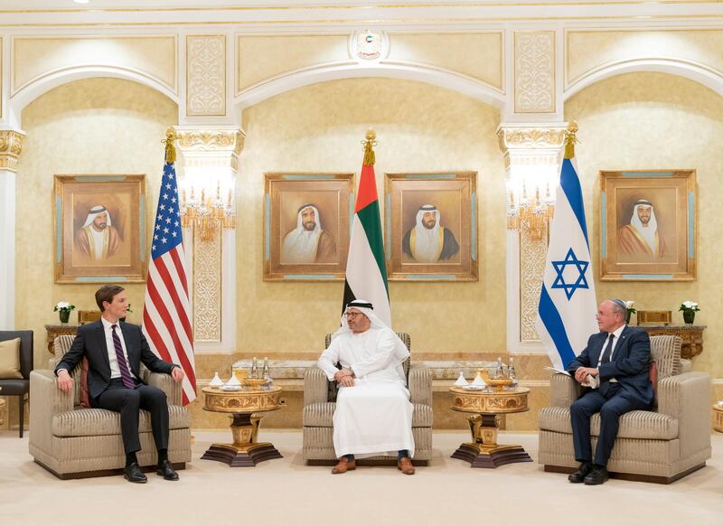 epa08637672 A handout photo made available by Abu Dhabi Ministry of Presidential Affairs shows United Arab Emirates (UAE) Minister of State for Foreign Affairs Anwar Mohammed Gargash (C), US President's senior adviser Jared Kushner (L) and Israeli National Security Advisor Meir Ben-Shabbat (R) during a meeting in Abu Dhabi, United Arab Emirates, 31 August 2020.  The first-ever El Al flight from Israel to UAE LY971 from Ben Gurion Airport carried a delegation led on the US side by President Trump's son-in-law and White House advisor Jared Kushner.  EPA/MOHAMED AL HAMMADI / MINISTRY OF PRESIDENTIAL AFFAIRS / HANDOUT  HANDOUT EDITORIAL USE ONLY/NO SALES