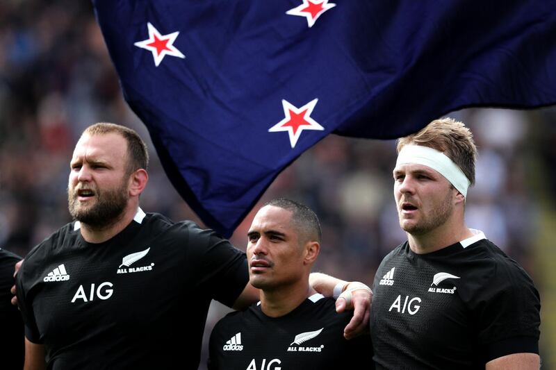 New Zealand captain Sam Cane sings the national anthem. AFP