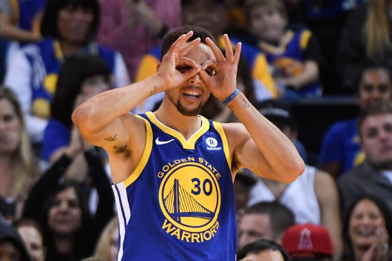 Golden State Warriors guard Stephen Curry celebrates after a basket during the second quarter against the Detroit Pistons at Oracle Arena. Kyle Terada / USA TODAY Sports