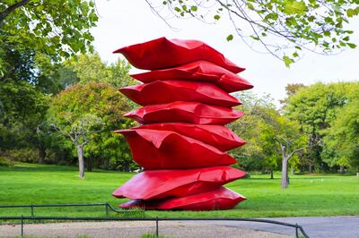 Shaikha Al Mazrou, Red Stack (2022) as part of Frieze Sculpture at Regent's Park in London. Photo: Lawrie Shabibi