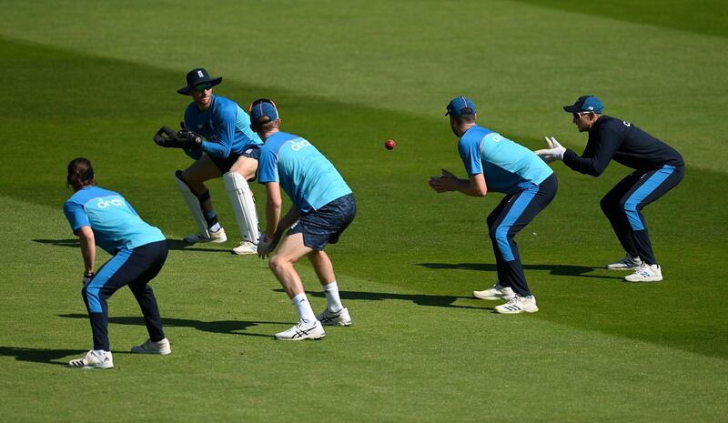 England captain Joe Root catches in the slips during a nets session at Lord's Cricket Ground on Tuesday, June 1, 2021. Getty