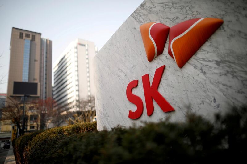 FILE PHOTO: The logo of SK Innovation is seen in front of its headquarters in Seoul, South Korea, February 3, 2017.  REUTERS/Kim Hong-Ji/File Photo