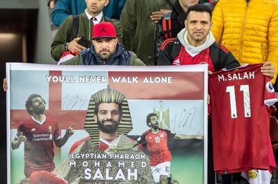 ZURICH, SWITZERLAND - MARCH 23: Egyptian fans with banner of #10 Mohamed Salah of Egypt during the International Friendly between Portugal and Egypt at the Letzigrund Stadium on March 23, 2018 in Zurich, Switzerland. (Photo by Robert Hradil/Getty Images)