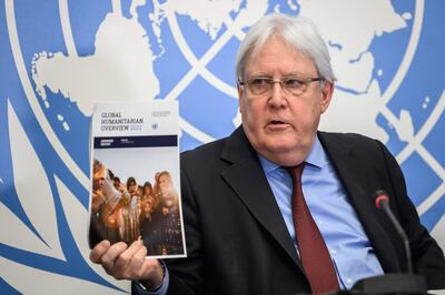 Martin Griffiths, the UN undersecretary general for humanitarian affairs, holds a copy of the Global Humanitarian Overview 2022 in Geneva. AFP