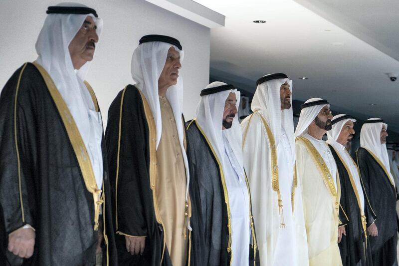 ABU DHABI, UNITED ARAB EMIRATES - December 02, 2018: (L-R) HH Sheikh Saud bin Rashid Al Mu'alla, UAE Supreme Council Member and Ruler of Umm Al Quwain, HH Sheikh Saud bin Saqr Al Qasimi, UAE Supreme Council Member and Ruler of Ras Al Khaimah, HH Dr Sheikh Sultan bin Mohamed Al Qasimi, UAE Supreme Council Member and Ruler of Sharjah, HH Sheikh Mohamed bin Zayed Al Nahyan, Crown Prince of Abu Dhabi and Deputy Supreme Commander of the UAE Armed Forces, HH Sheikh Mohamed bin Rashid Al Maktoum, Vice-President, Prime Minister of the UAE, Ruler of Dubai and Minister of Defence, HH Sheikh Humaid bin Rashid Al Nuaimi, UAE Supreme Council Member and Ruler of Ajman and HH Sheikh Hamad bin Mohamed Al Sharqi, UAE Supreme Council Member and Ruler of Fujairah, stand for the UAE national anthem, during the 47th UAE National Day celebrations 'This is Zayed, This is UAE', at Zayed Sports City.
( Rashed Al Mansoori / Ministry of Presidential Affairs )
---