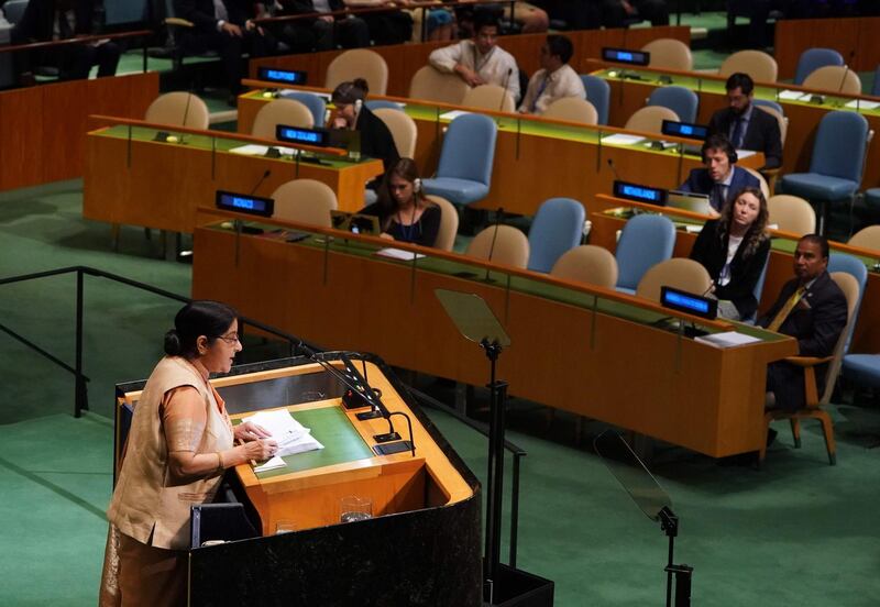 India's Foreign Minister Sushma Swaraj addresses the United Nations General Assembly. AFP