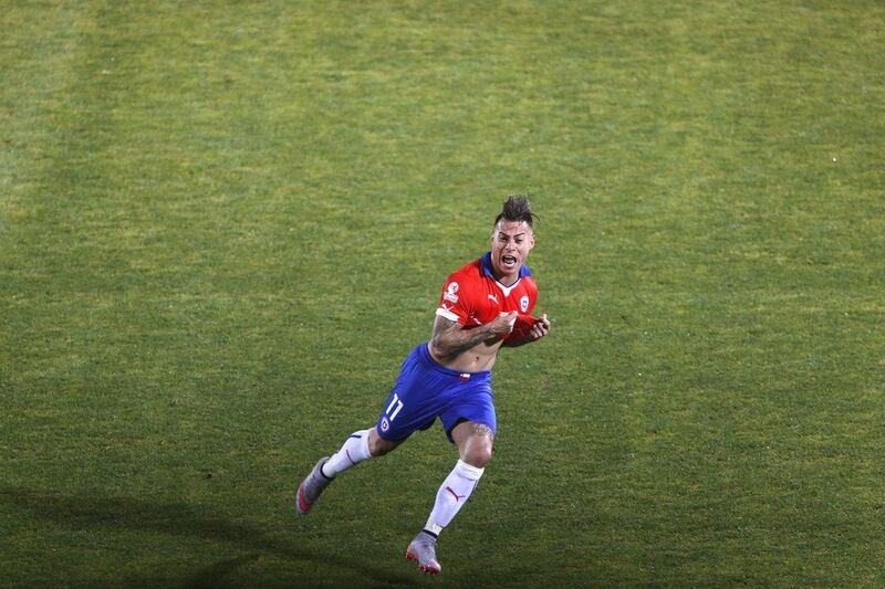 Chile's Eduardo Vargas celebrates after scoring his second, winning goal against Peru on Monday night in the Copa America semi-final in Santiago. Juan Carlos Cardenas / EPA / June 29, 2015 