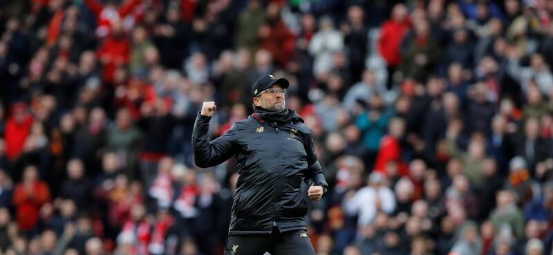 Soccer Football - Premier League - Liverpool v Chelsea - Anfield, Liverpool, Britain - April 14, 2019  Liverpool manager Juergen Klopp celebrates after the match            REUTERS/Phil Noble  EDITORIAL USE ONLY. No use with unauthorized audio, video, data, fixture lists, club/league logos or "live" services. Online in-match use limited to 75 images, no video emulation. No use in betting, games or single club/league/player publications.  Please contact your account representative for further details.