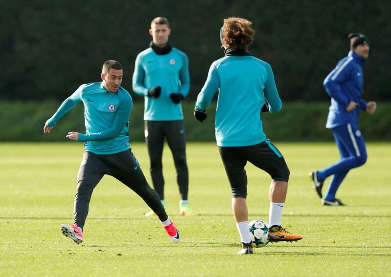 Eden Hazard and David Luiz during training. John Sibley / Reuters