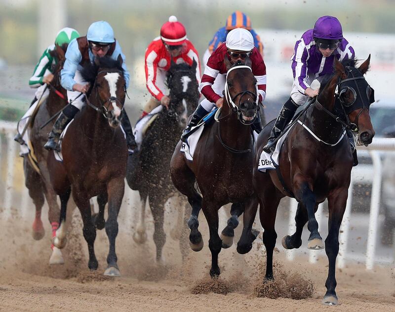 Dubai, United Arab Emirates - March 31st, 2018: Mendelssohn (R) ridden by Ryan Moore wins the UAE Derby at the Dubai Wold Cup 2018. Saturday, March 31st, 2018 at Meydan Race Course, Dubai. Chris Whiteoak / The National