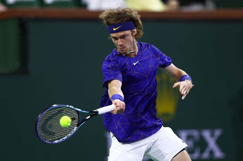 Andrey Rublev plays a forehand to Frances Tiafoe during their third round match at Indian Wells. Getty Images