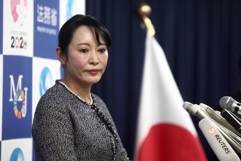 Japan’s Justice Minister Masako Mori attends a press conference in Tokyo. AFP