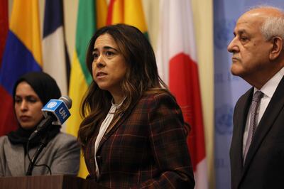 Permanent Representative of the UAE to the United Nations Ambassador Lana Nusseibeh after a UN Security Council meeting on the Middle East at the UN headquarters in New York City. Getty Images/AFP