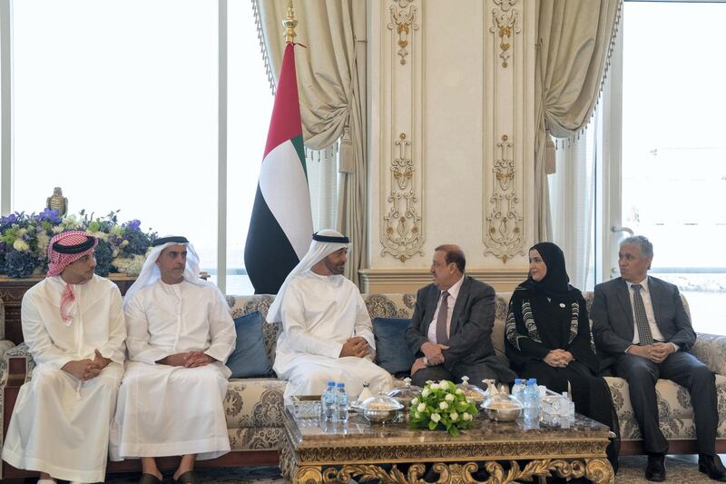 ABU DHABI, UNITED ARAB EMIRATES - July 15, 2019: HH Sheikh Mohamed bin Zayed Al Nahyan, Crown Prince of Abu Dhabi and Deputy Supreme Commander of the UAE Armed Forces (4th R), meets with Sultan Al Burkani, Speaker of the Yemeni Parliament (3rd R), during a Sea Palace barza. Seen with HH Sheikh Mansour bin Zayed Al Nahyan, UAE Deputy Prime Minister and Minister of Presidential Affairs (L), HH Lt General Sheikh Saif bin Zayed Al Nahyan, UAE Deputy Prime Minister and Minister of Interior (2nd L) and HE Dr Amal Abdullah Al Qubaisi, Speaker of the Federal National Council (FNC) (2nd R).

( Mohamed Al Hammadi / Ministry of Presidential Affairs )
---