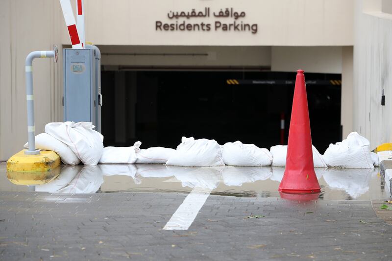 
Sandbags used in one of the residential building to block rain water going in the basement parking in Dubai. Pawan Singh / The National 
