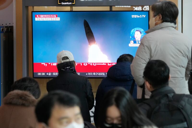 A North Korean missile launch is shown on a news programme at the Seoul Railway Station in South Korea, on February 20. AP.