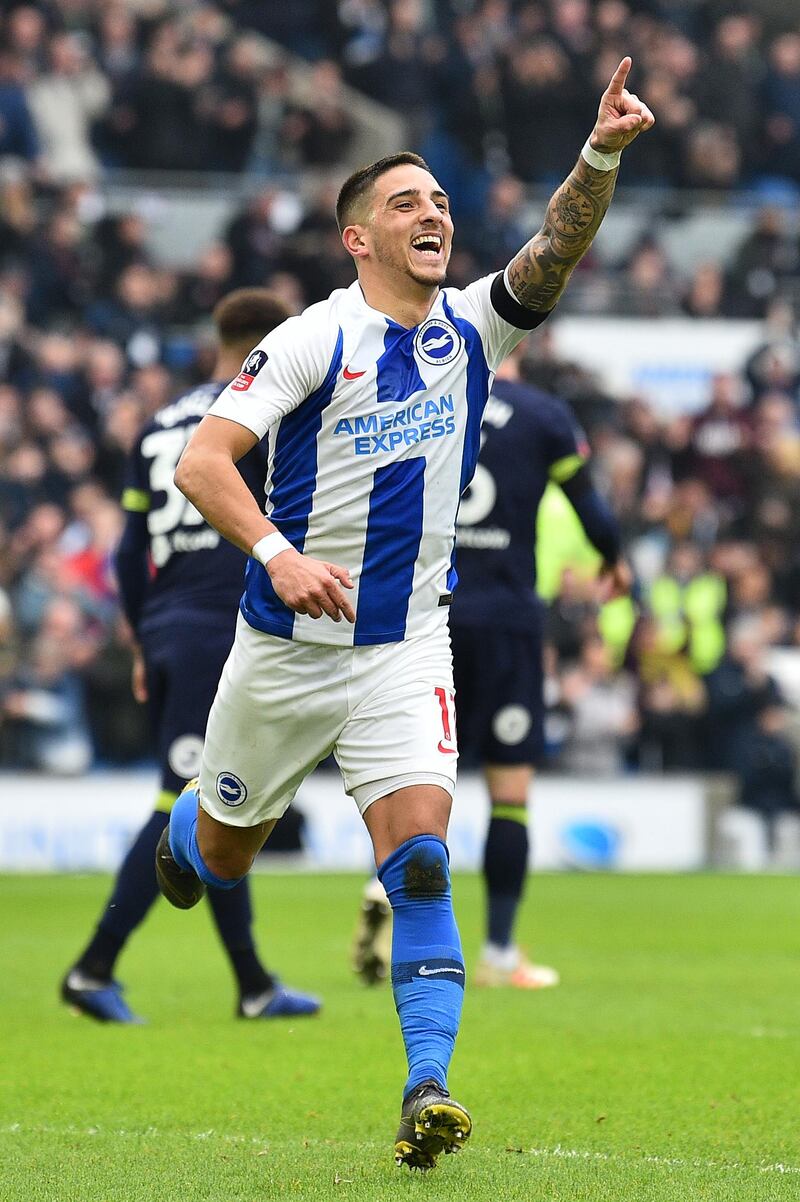 Brighton's French midfielder Anthony Knockaert celebrates scoring the opening goal during the English FA Cup fifth round football match between Brighton and Hove Albion and Derby County at the American Express Community Stadium in Brighton, southern England on February 16, 2019. (Photo by Glyn KIRK / AFP) / RESTRICTED TO EDITORIAL USE. No use with unauthorized audio, video, data, fixture lists, club/league logos or 'live' services. Online in-match use limited to 120 images. An additional 40 images may be used in extra time. No video emulation. Social media in-match use limited to 120 images. An additional 40 images may be used in extra time. No use in betting publications, games or single club/league/player publications. / 
