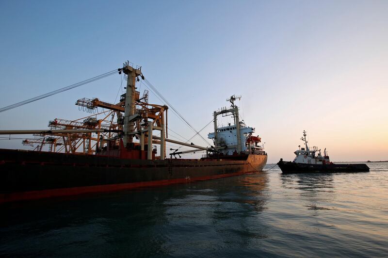 A ship carrying 5,500 tonnes of flour is towed by a tugboat at the Red Sea port of Hodeidah, Yemen November 26, 2017. Picture taken November 26, 2017. REUTERS/Abduljabbar Zeyad