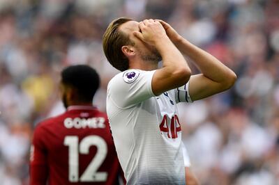 epa07022358 Tottenham's Harry Kane reacts during the English Premier League soccer match between Tottenham Hotspur and Liverpool at Wembley Stadium, London, Britain, 15 September 2018.  EPA/WILL OLIVER EDITORIAL USE ONLY. No use with unauthorized audio, video, data, fixture lists, club/league logos or 'live' services. Online in-match use limited to 75 images, no video emulation. No use in betting, games or single club/league/player publications