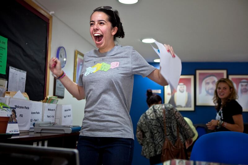 British School al Khubairat student Nadine Sarwat, 17,  reacts to her A-level test results on Thursday, August 18, 2011, at the school in Abu Dhabi. Thousands of students around the Commonwealth nations received their results today. In Abu Dhabi, some came in person but others called in for their results as they were still traveling on their summer vacations. (Silvia Razgova/The National)

