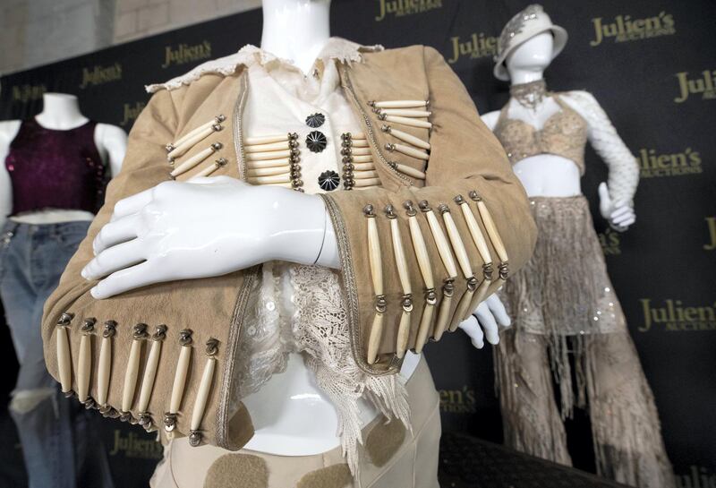 A selection of clothing belonging to music recording artist Janet Jackson is on display during an auction preview at Julien's Auctions in Beverly Hills, California, U.S., February 10, 2021. REUTERS/Mario Anzuoni