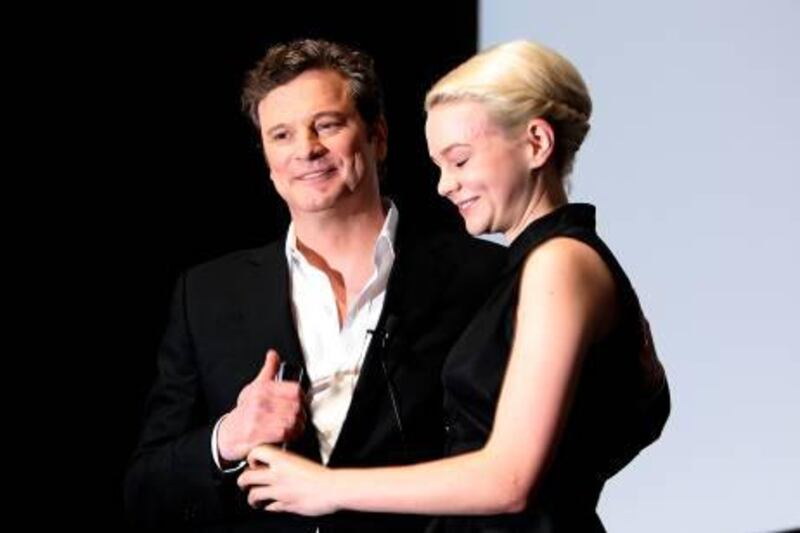 
DUBAI, UNITED ARAB EMIRATES Ð Dec 13,2010:  Left to Right- Colin Firth and Carey Mulligan before the start of variety conversation at the First Group Theater in Souk Madinat in Madinat Jumeirah in Dubai. (Pawan Singh / The National) For News. Story by Ramola
