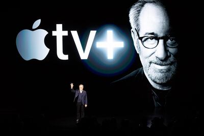 (FILES) In this file photo taken on March 25, 2019 Director Steven Spielberg speaks during an event launching Apple tv+ at Apple headquarters in Cupertino, California. It may already have Oscars under its belt, but Netflix's acceptance by the Academy of Motion Picture Arts and Sciences hangs in the balance. The prestigious body is set to reexamine whether the streaming giant will remain eligible for such awards, despite a warning from the US Justice Department that could violate antitrust laws. Film director Steven Spielberg has suggested that Netflix films should not be eligible for Oscars, but instead for Emmy Awards handed to the stars and creators of television shows. "Once you commit to a television format, you're a TV movie," said Spielberg, who is set to work with new streaming platform Apple TV+.

 / AFP / NOAH BERGER
