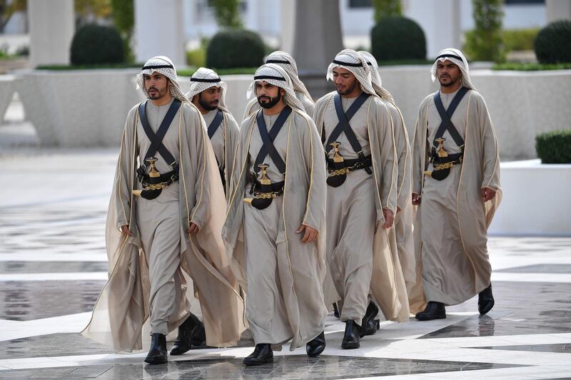 An Emirati honour guard outside the Presidential Palace in the capital Abu Dhabi. AFP