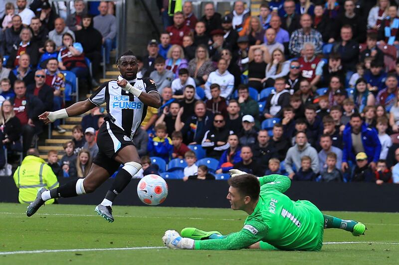 Newcastle attacker Allan Saint-Maximin sees a shot saved by Burnley goalkeeper Nick Pope. AFP