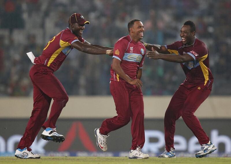 Sammy Badree, centre, is aware of the threat posed by Pakistan despite their recent poor form in cricket's shorter formats. Aijaz Rahi / AP Photo