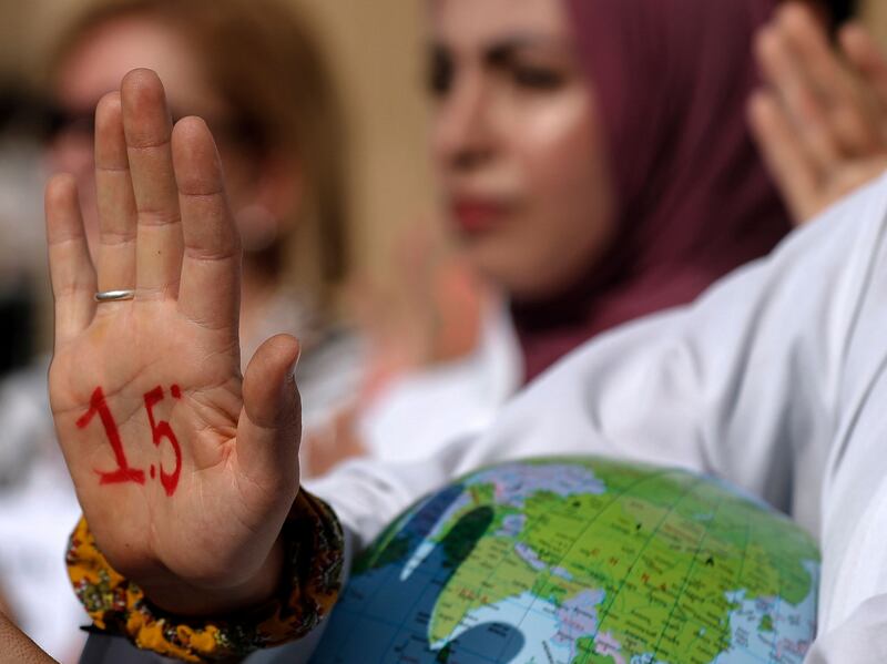 An activist demands action to limit the global temperature rise to 1.5°C compared to pre-industrial levels during the demonstration at the Cop27 event. AFP