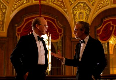 This image released by Netflix shows Michael Keaton, left, and Stanley Tucci in a scene from 'Worth'. (Netflix via AP)