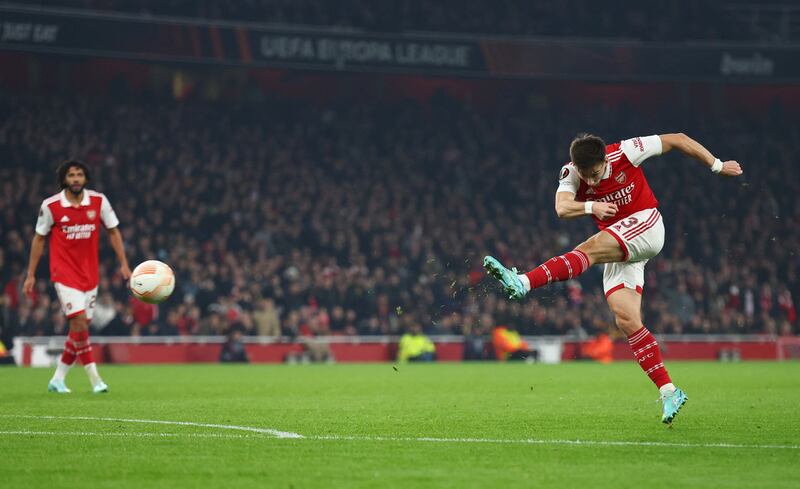 Arsenal's Kieran Tierney scores the only goal of the game against FC Zurich in the Europa League match at the Emirates Stadium on Thursday, November 4, 2022. Reuters