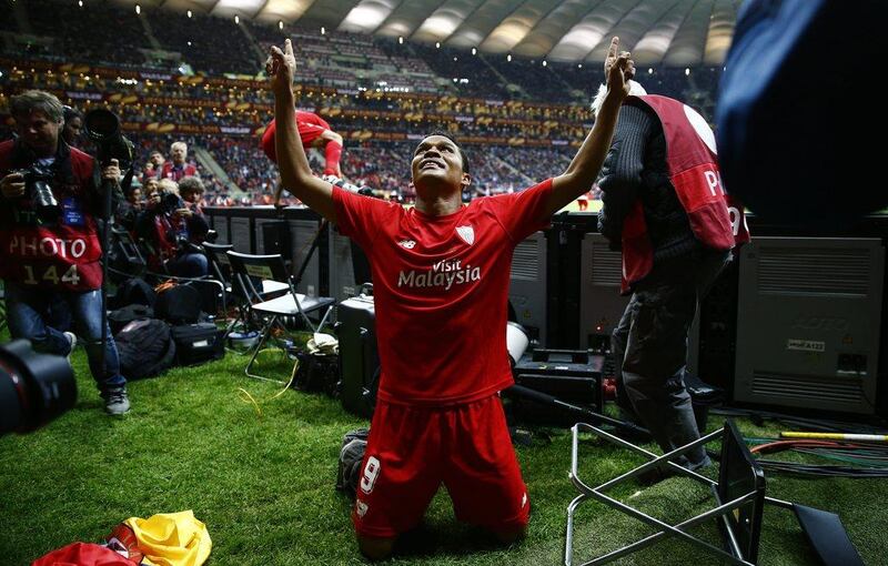 Carlos Bacca celebrates scoring the winning goal for Sevilla in the Europa League final against Dnipro. Kai Pfaffenbach / Reuters / 27 May, 2015