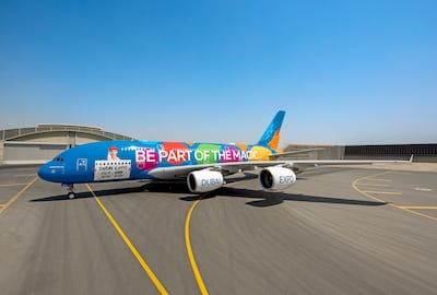 The plane also features the stuntwoman who went viral in a recent Emirates video after she climbed the top of the Burj Khalifa. Photo: Emirates