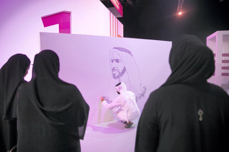 ABU DHABI, UNITED ARAB EMIRATES - OCTOBER 08, 2018. 

An artist draws a caligraphic mural of Shaikh Zayed at  Mohammed Bin Zayed Council for Future Generations sessions, held at ADNEC.

(Photo by Reem Mohammed/The National)

Reporter: SHIREENA AL NUWAIS + ANAM RIZVI
Section:  NA