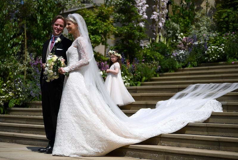 WINDSOR, ENGLAND - MAY 18: Lady Gabriella Windsor and Thomas Kingston leave after marrying in St George's Chapel on May 18, 2019 in Windsor, England. (Photo by Victoria Jones - WPA Pool/Getty Images
