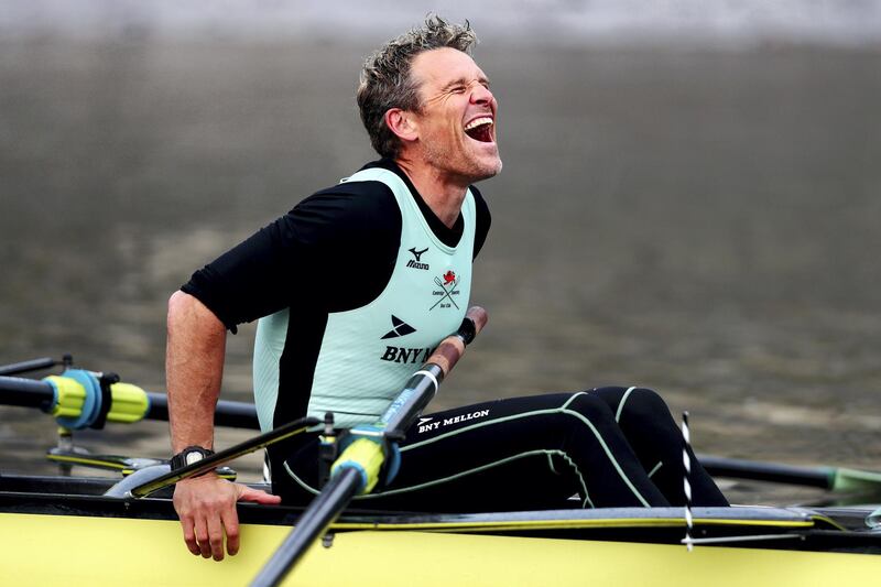 LONDON, ENGLAND - APRIL 02: James Cracknell laughs during a Cambridge University Boat Club Blue Boat training session during The Boat Race Tideway Week on April 02, 2019 in London, England. (Photo by Naomi Baker/Getty Images)