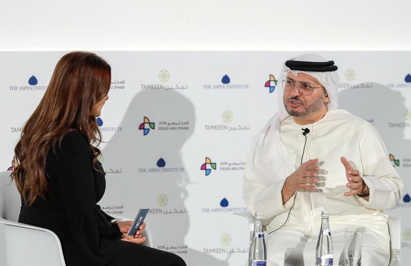 Abu Dhabi, United Arab Emirates, March 27, 2019.  --- IDEAS Abu Dhabi Forum.
-- H.E. Dr. Anwar Gargash, UAE Minister of State for Foreign Affairs with Mina Al-Oraibi,   Editor in Chief of The National.
Victor Besa/The National
Section:  NA
Reporter:  Dan Sanderson