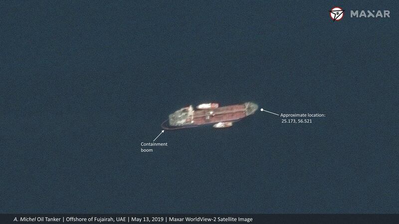 The Emirati-flagged oil tanker A Michel off the coast of Fujairah.  AP