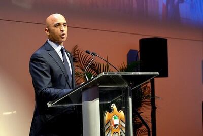 Yousef Al Otaiba, the UAE's ambassador to the US, speaks at the UAE's 50th National Day celebrations in Washington.