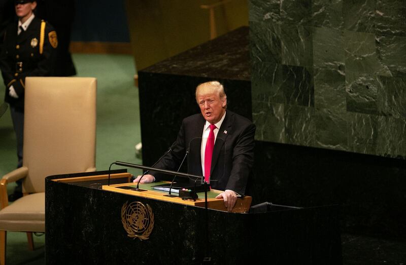 U.S. President Donald Trump speaks during the UN General Assembly meeting in New York, U.S., on Tuesday, Sept. 25, 2018. Trump called on the rest of the world to isolate Iran and said a U.S. campaign of "economic pressure" would turn back the Islamic Republic's aggression, in his second address to the United Nations General Assembly. Photographer: Jeenah Moon/Bloomberg