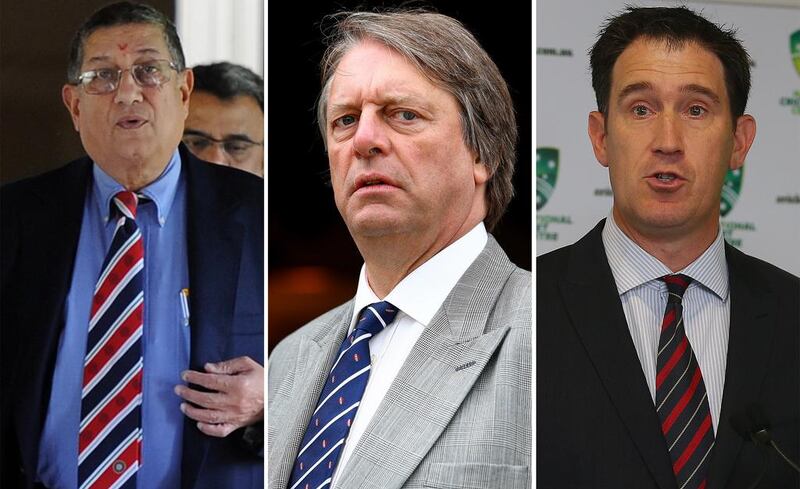 Three of the most powerful cricket boards include India, England and Australia, and are run by N Srinivasan, left, Giles Clarke, centre, and James Sutherland.